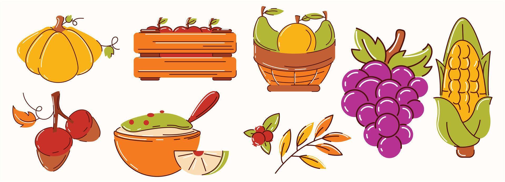 A set of food items including a pumpkin, a bowl of soup, a basket of fruit vector
