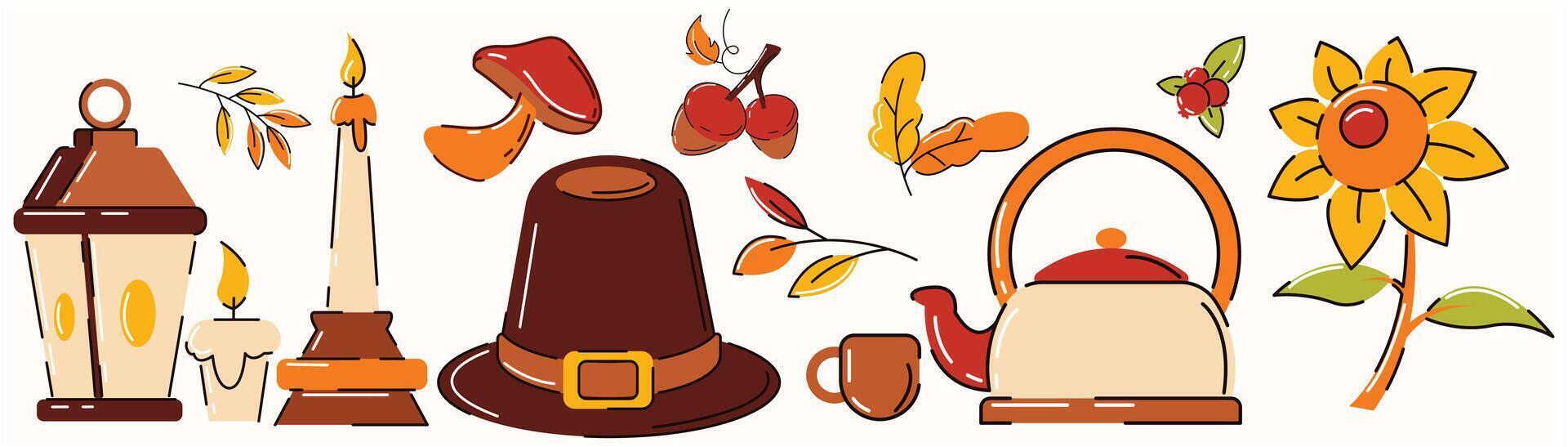 A pumpkin, a candle, a teapot, a hat, and a sunflower are all shown in a row vector