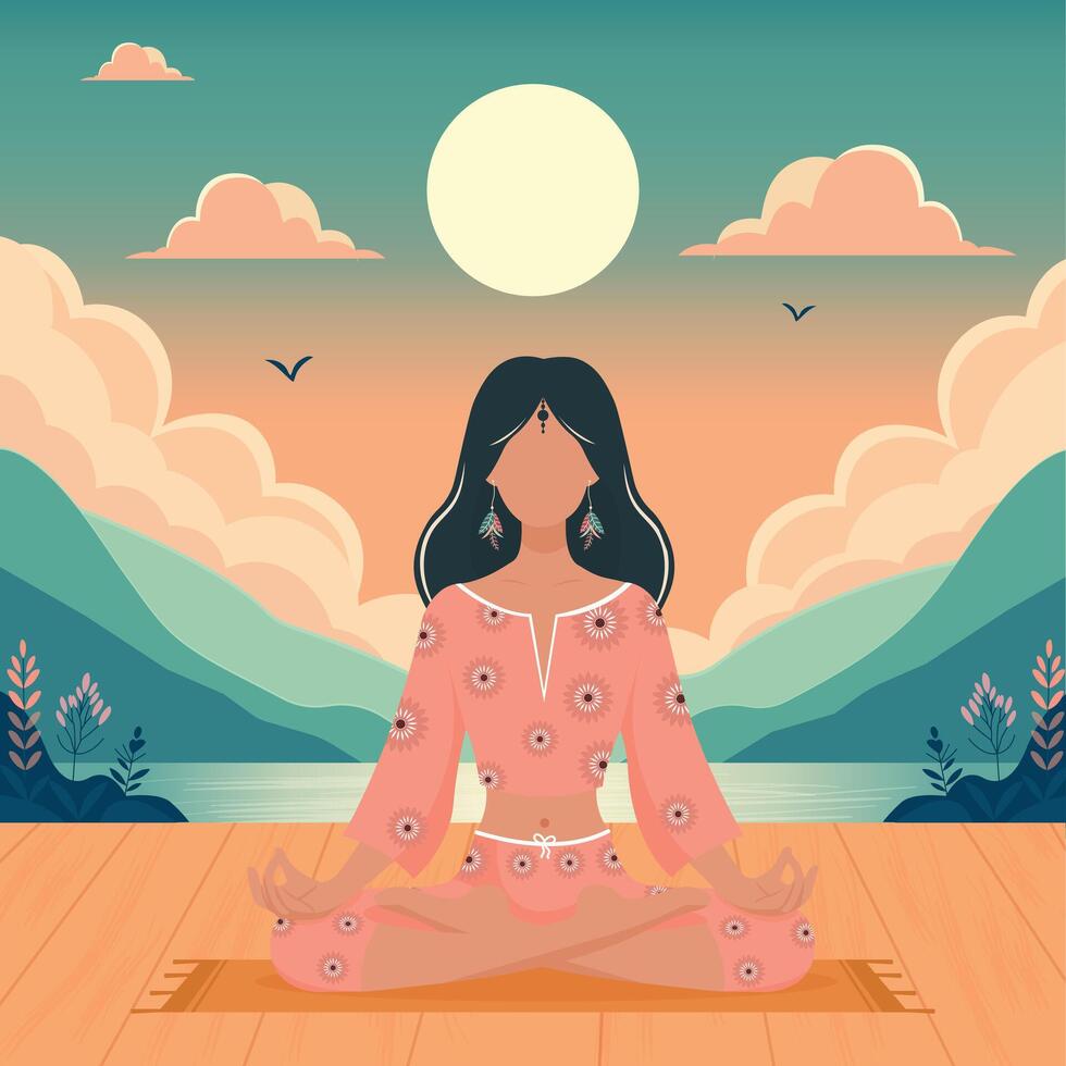 Faceless girl in the lotus position against the background of nature . Flat illustration. Concept of healthy lifestyle, mental health, meditation, relaxation,yoga vector