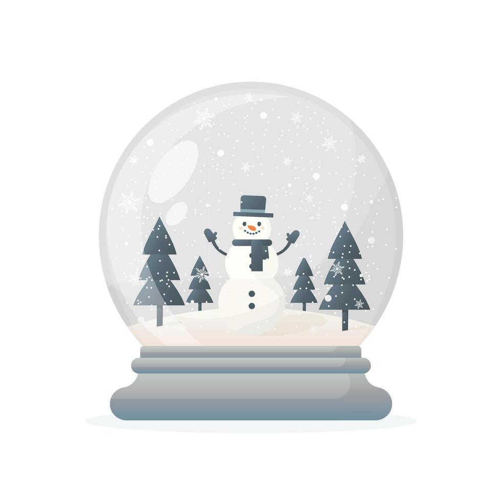 Christmas glass snow globe with snowman in winter forest flat illustration isolated on white background vector