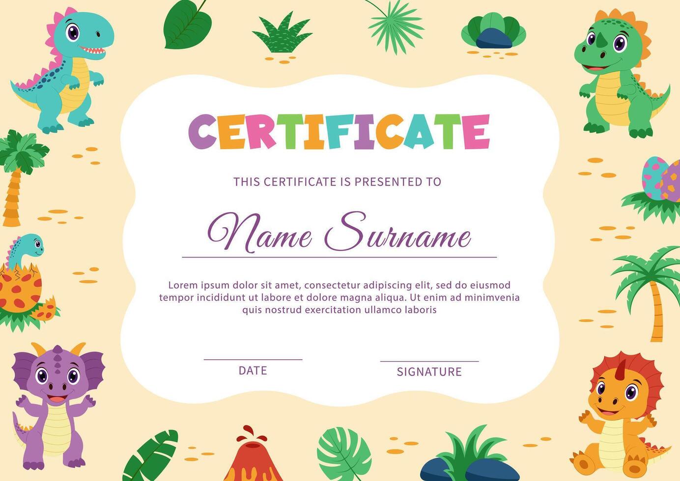 Dinosaur diploma, certificate. Template with dinosaurs and tropical plants. vector