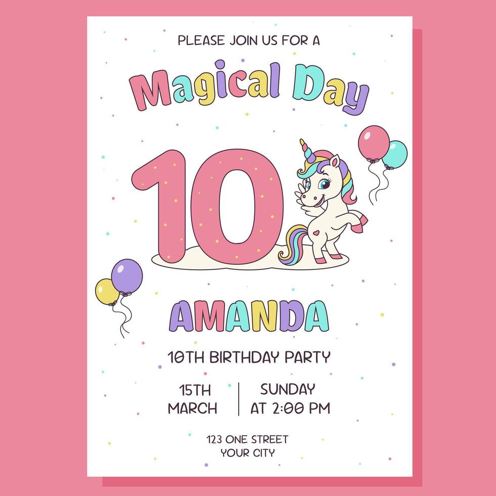 Birthday party invitation card with unicorn and birthday anniversary number. Unicorn concept. vector