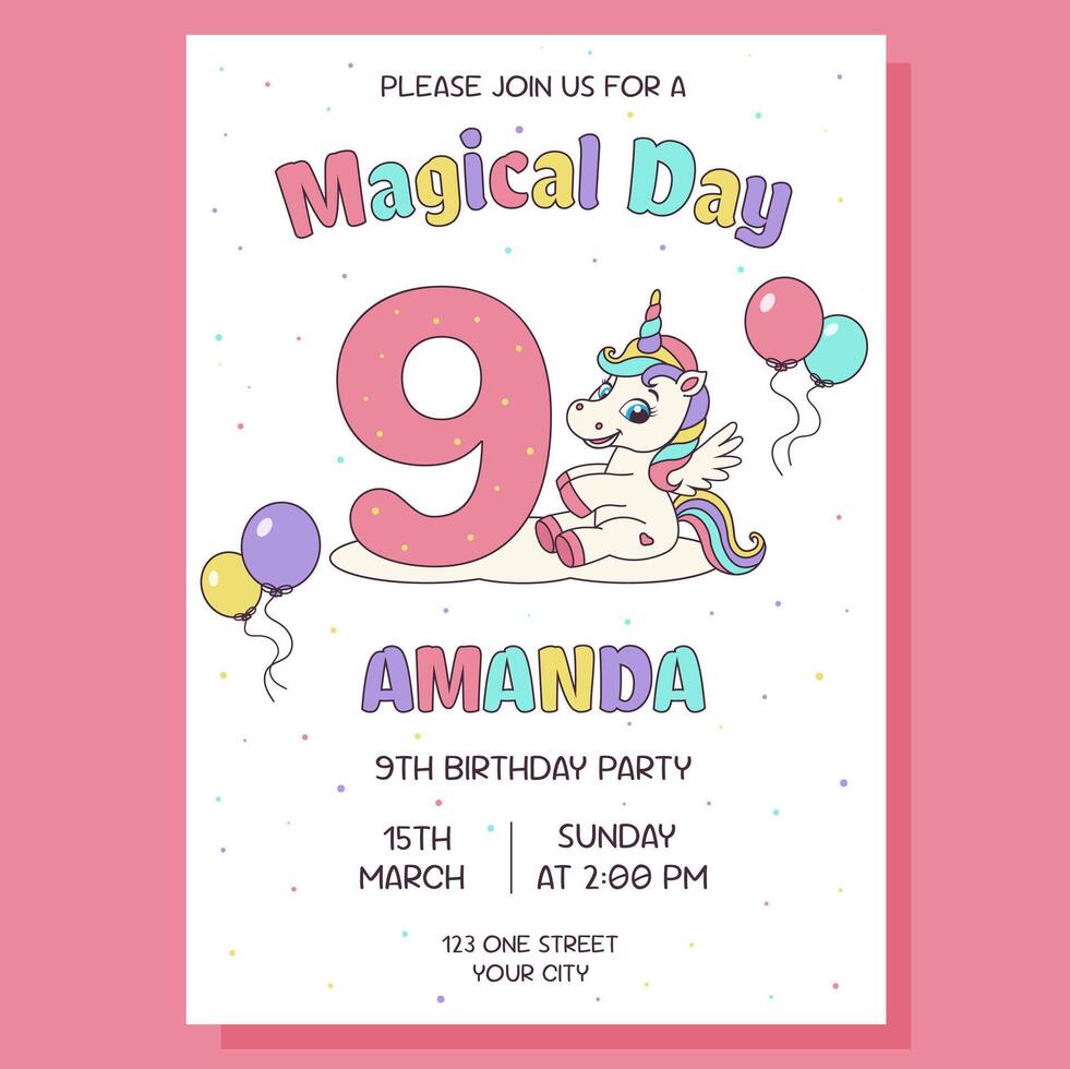 Unicorn invitation. Birthday party invitation card with unicorn and birthday anniversary number. vector