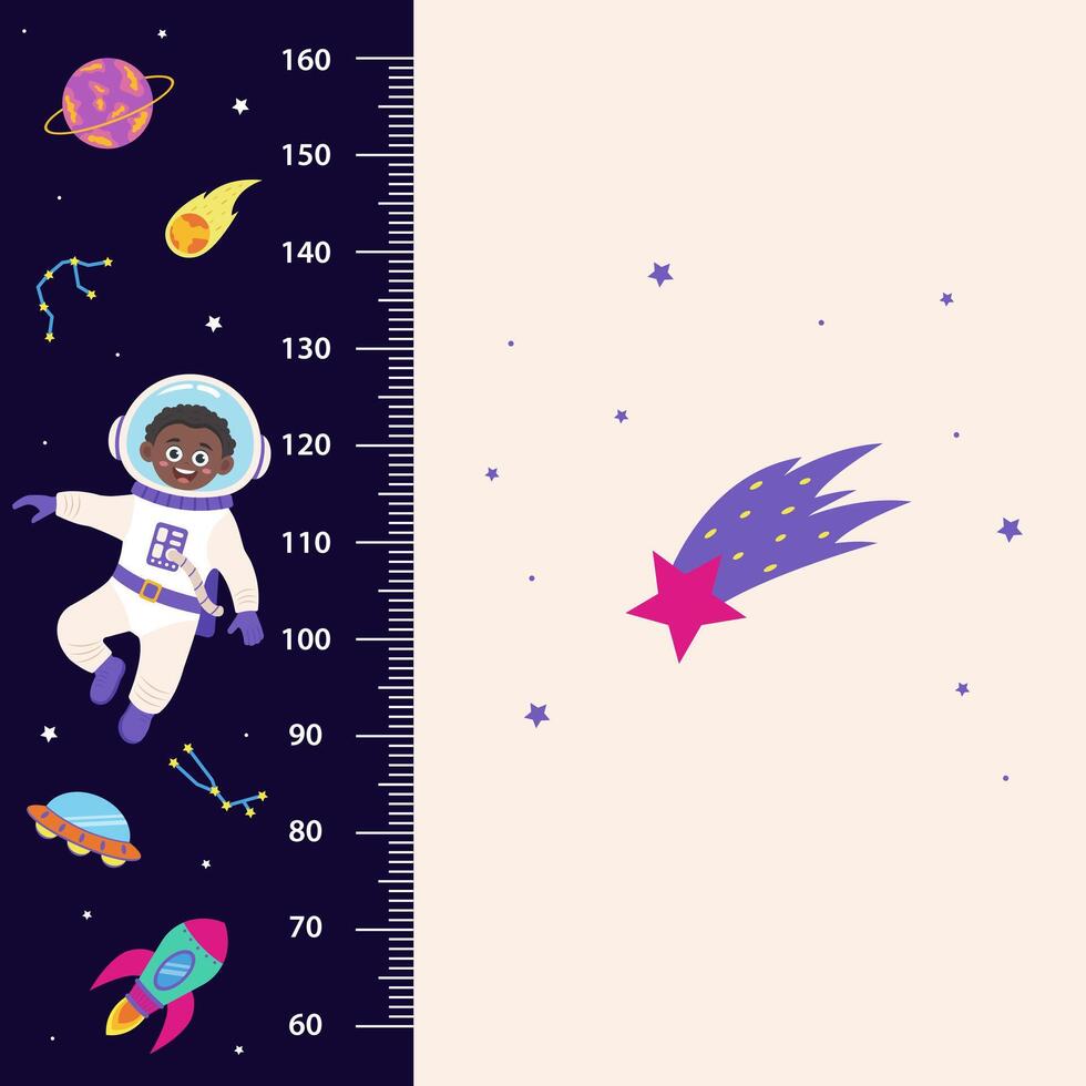 Space height chart for children with space elements and boy. vector