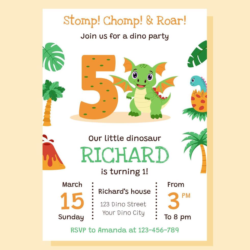 Dinosaur invitation. Birthday party invitation card with dinosaur and birthday anniversary number. vector