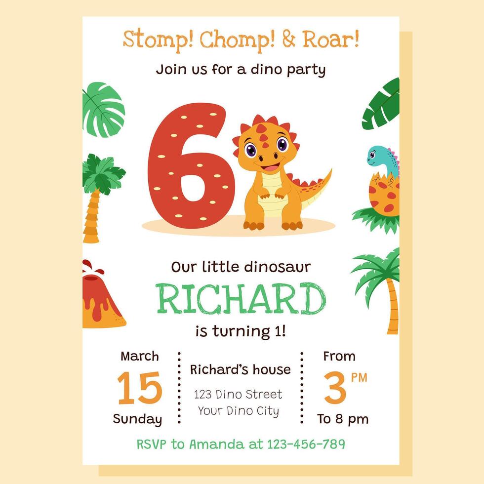 Birthday party invitation. Dinosaur concept. Card with dinosaur and birthday anniversary number. vector