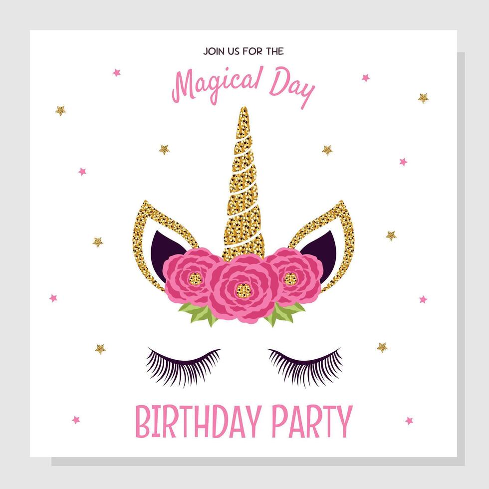 Unicorn birthday party invitation, greeting card. Invitation with unicorn elements and roses. vector