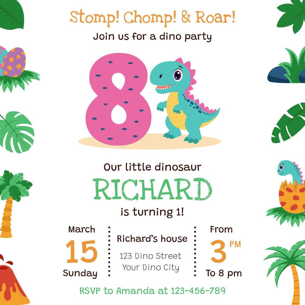 Invitation for birthday party. Invitation with dinosaur and birthday anniversary number. vector