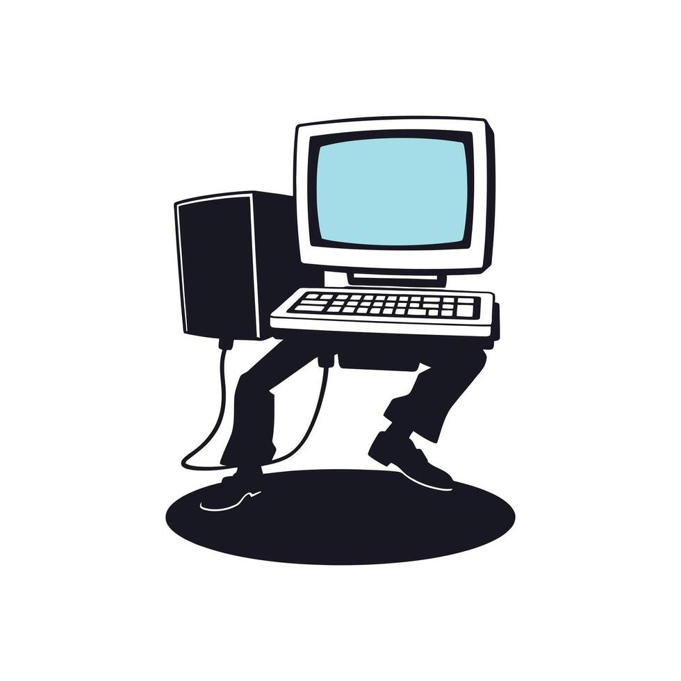 Vintage Desktop Computer with Human Legs Unique Illustration Symbolizing Movement and Technology in a Creative Retro Style vector