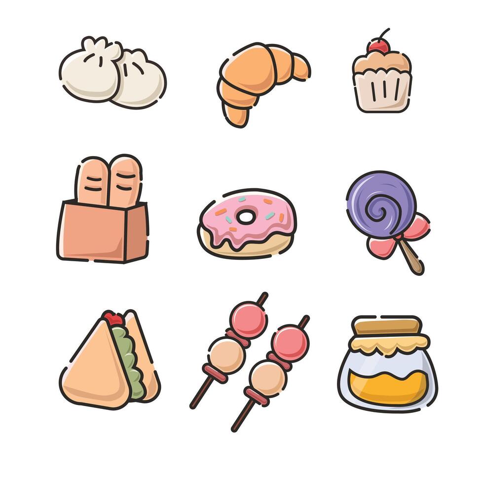 A set of food icons that are drawn in a cartoon style vector