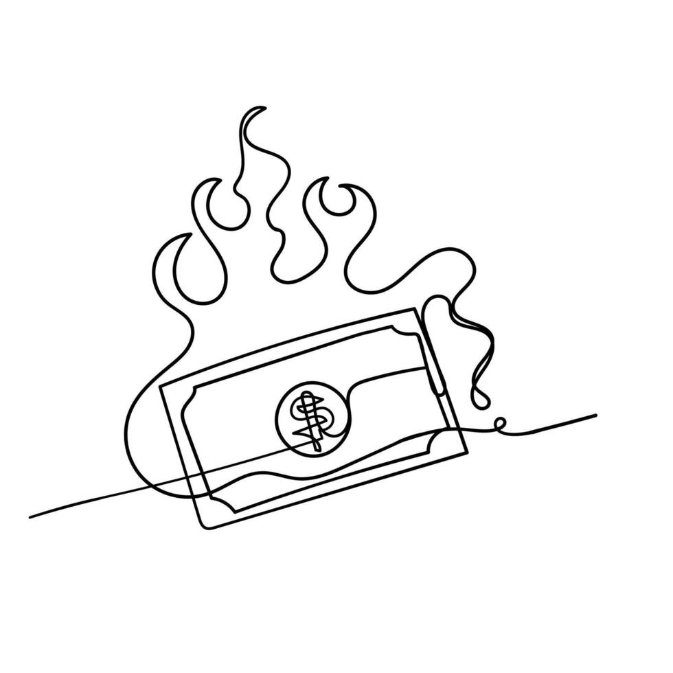 a drawing of a burning dollar bill continuous line vector
