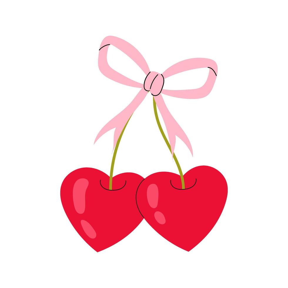 Heart-shaped cherries. Sweet ripe cherries with a pink bow. Suitable for stickers, cards, posters, prints, Valentine's Day invitations. vector