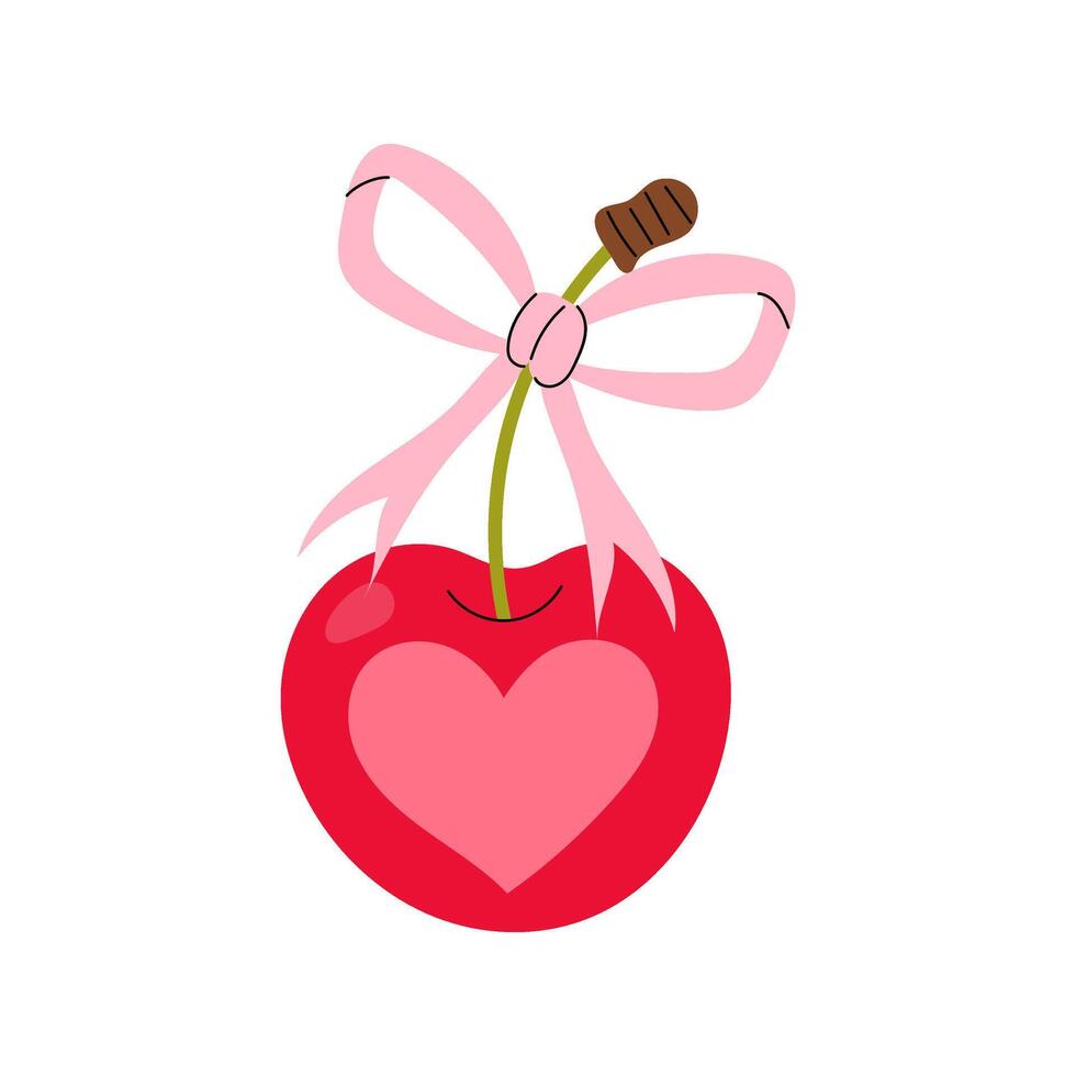 Ripe cherry with heart and pink bow. Fruits. Postcard, sticker, banner, poster for Valentines Day. Flat illustration on white background. vector