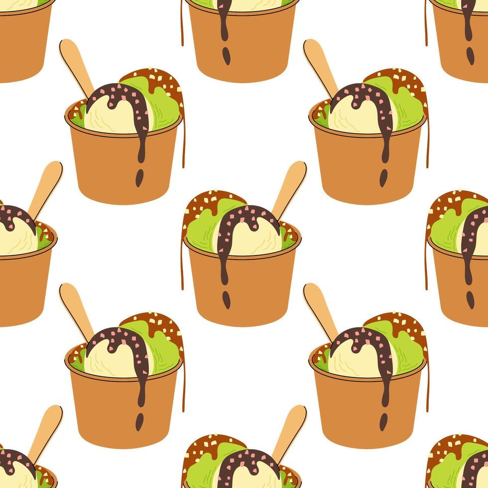 Ice cream scoop. Vanilla and matcha ice cream topped with caramel and chocolate. Seamless pattern for textile, wrapping paper, background. vector