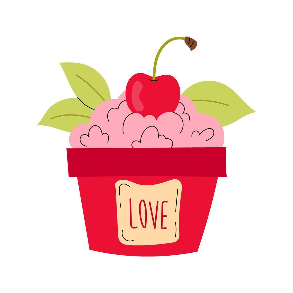 Valentine hand drawn illustration. Ice cream, yogurt, whipped cream with cherry flavor. Ripe cherries. vector
