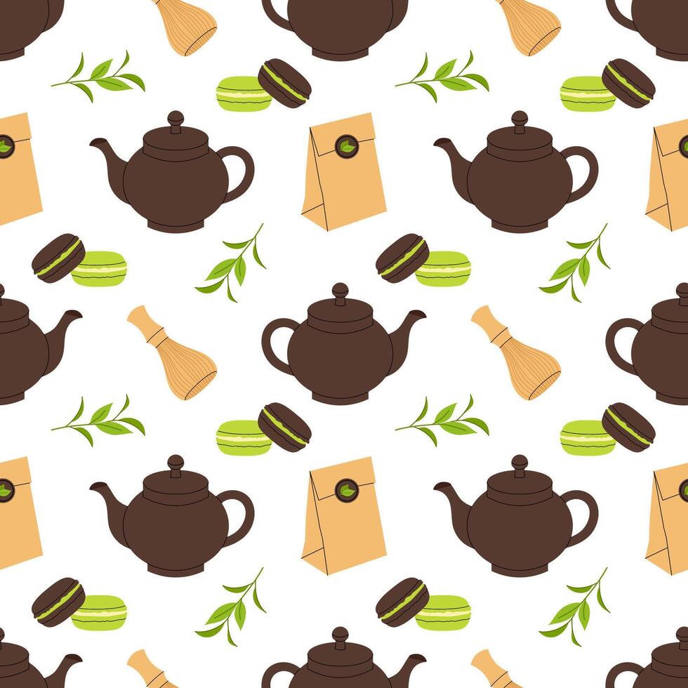 Matcha green tea. Seamless pattern with teapot, green tea, macaroons. Traditional Asian drink. Tea ceremony. For textile, wrapping paper, background. vector