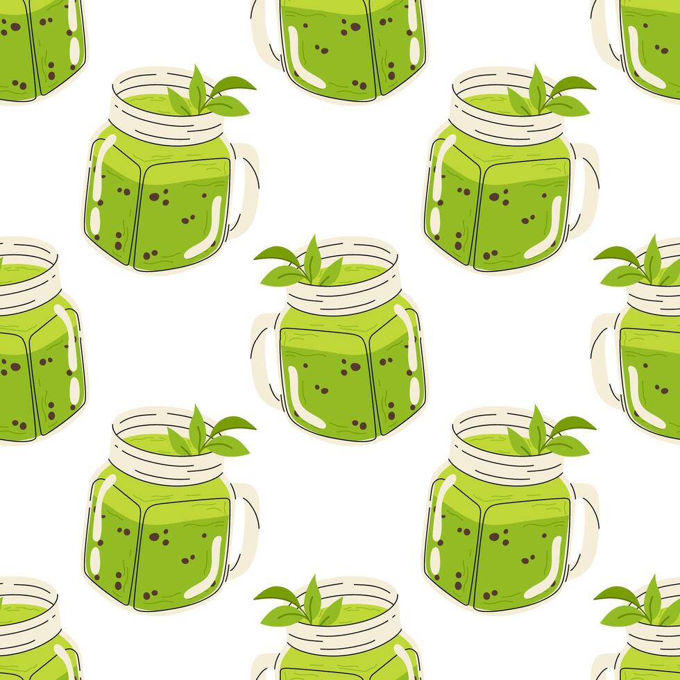 Fresh matcha smoothie with tapioca. Trendy glass jar. Green tea drink. Seamless pattern for textile, wrapping paper, background. vector