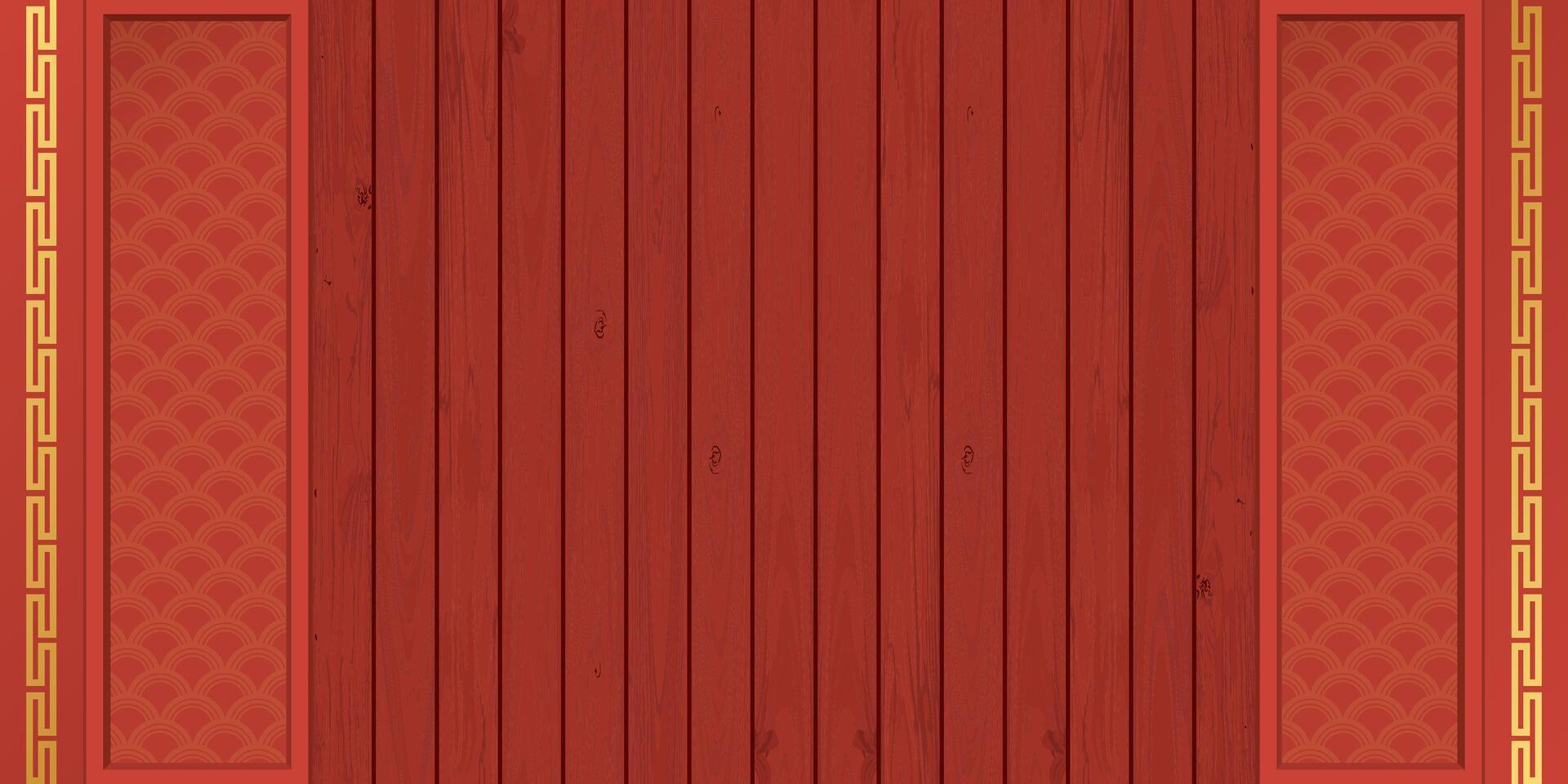 Cut timber panels red color graphic illustration with Chinese style decoration. Chinese New Year greeting card template have blank space. vector