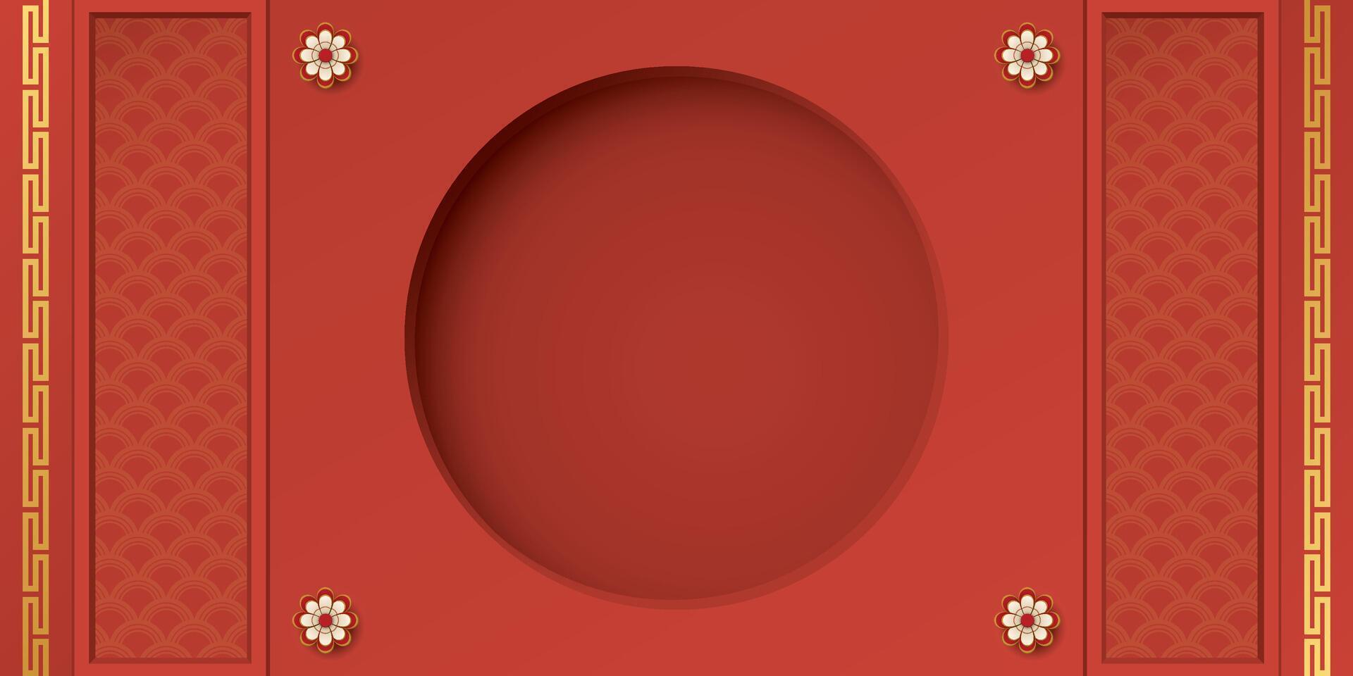 Abstract blank red paper cut 3D circle frame graphic illustration Chinese style decoration. Chinese New Year greeting card template have blank space. vector