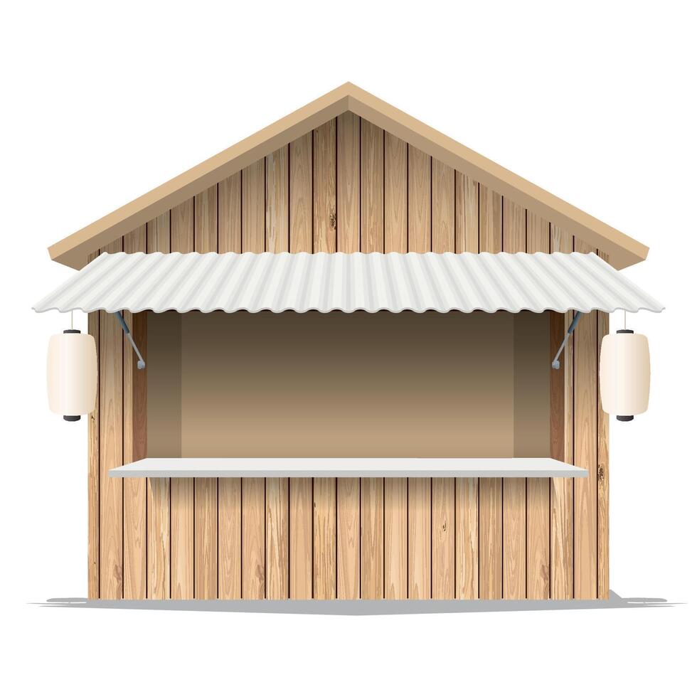 Whitewashed wooden stall shop mock up isolated Asian style graphic illustration have blank space for place the products presentation on countertop. Small business and street food concept. vector