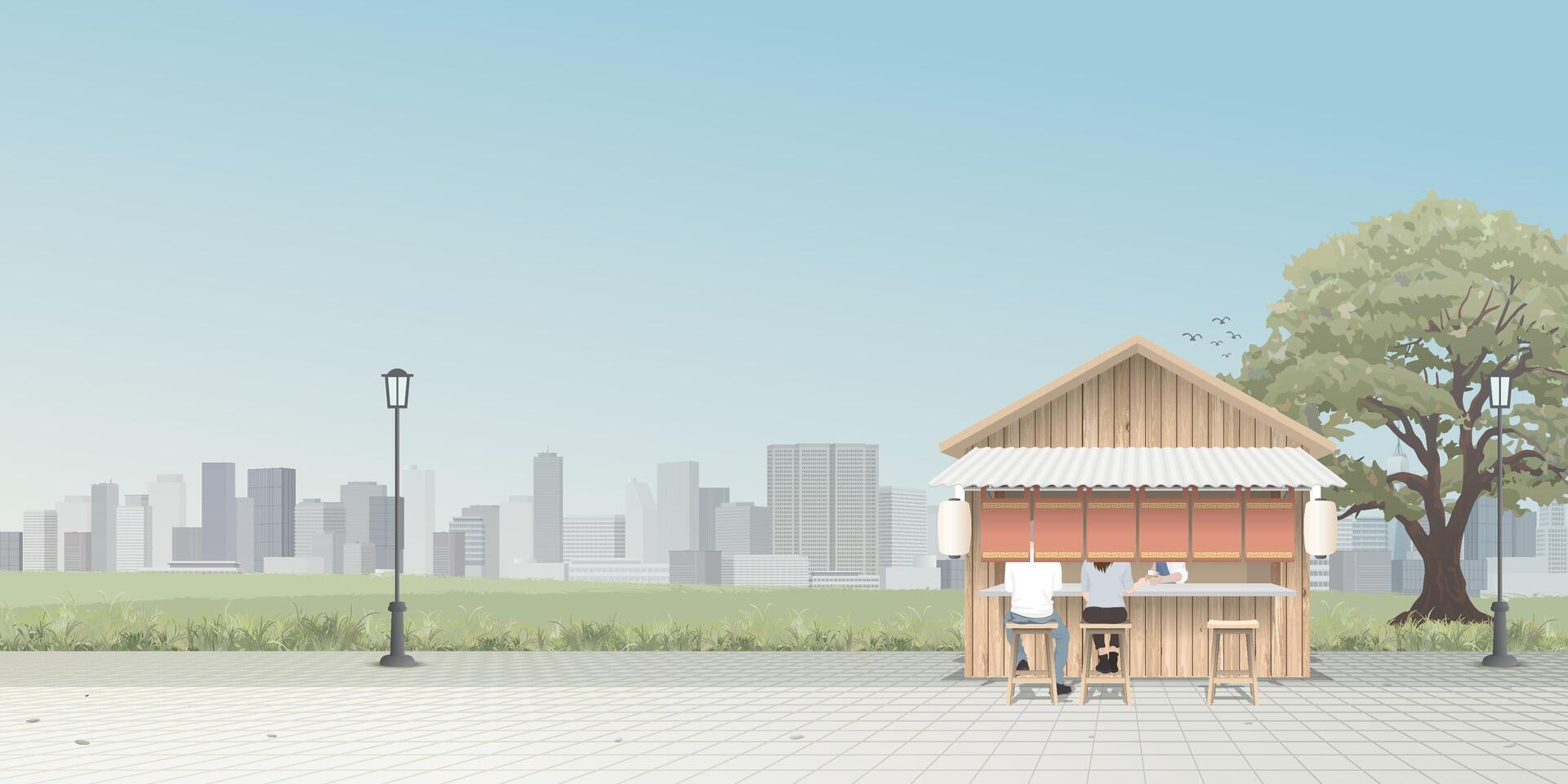 Cityscape with asian street food stall shop at sidewalk have skyscraper and blue sky background graphic illustration. vector