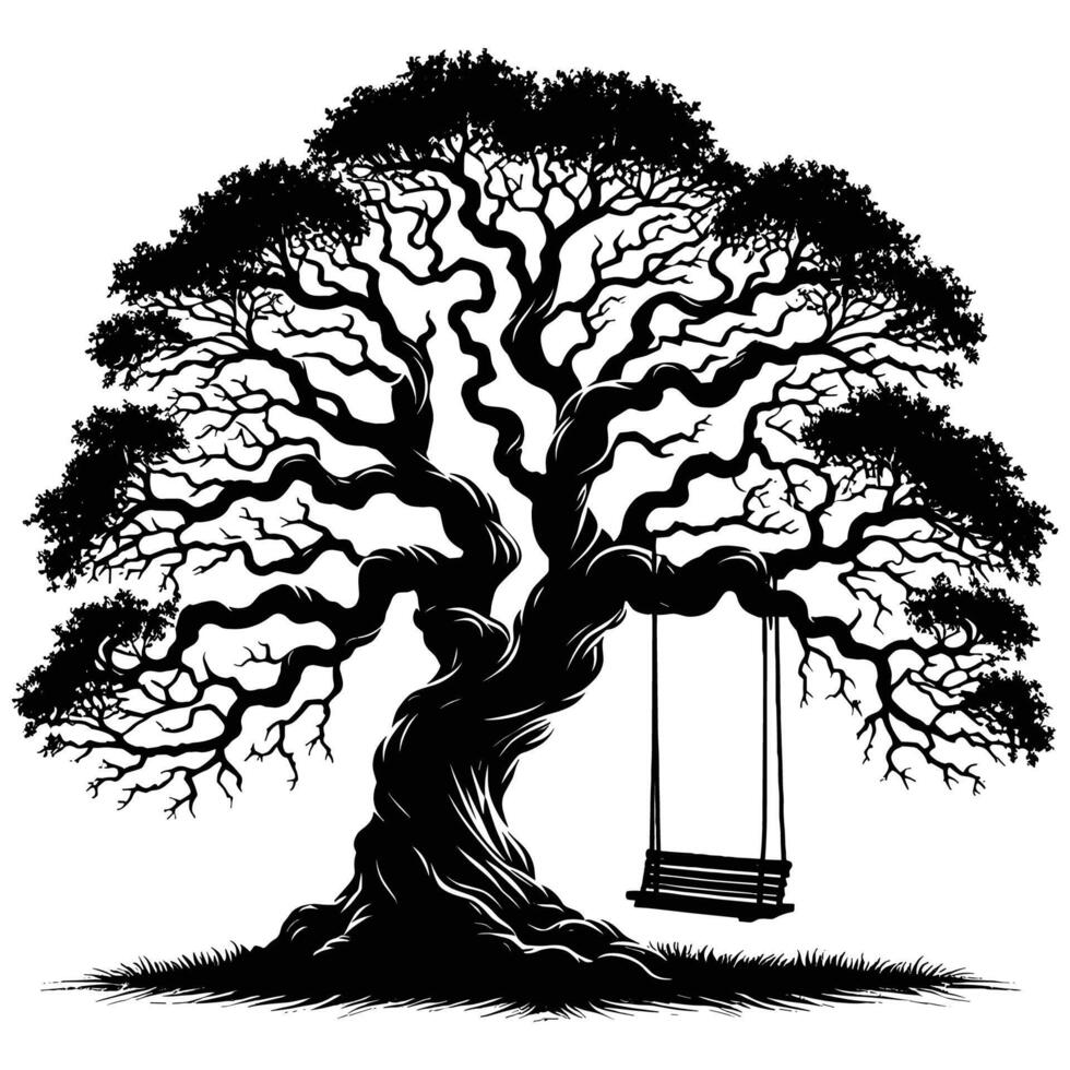 Tranquil Tree with Hanging Swing in Artistic Silhouette Illustration vector