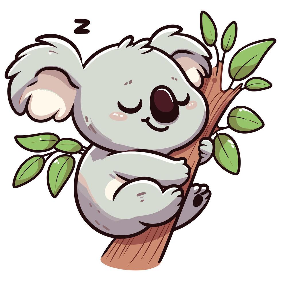 Cute Sleeping Koala Hugging a Tree Branch Cartoon Illustration vector