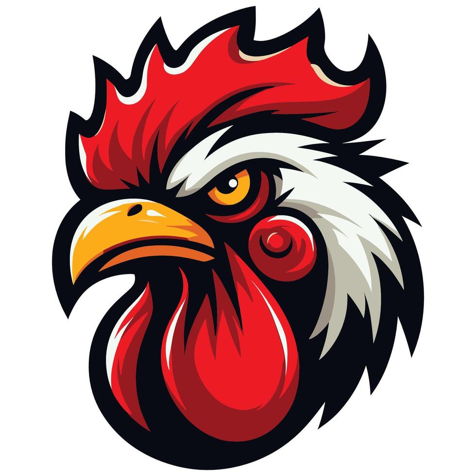 Bold Rooster Head Illustration with Red Crest and Fierce Expression vector