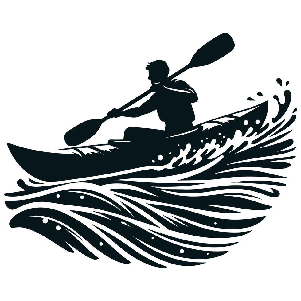 Adventurous Kayaking on Rushing Waters Black and White Silhouette vector