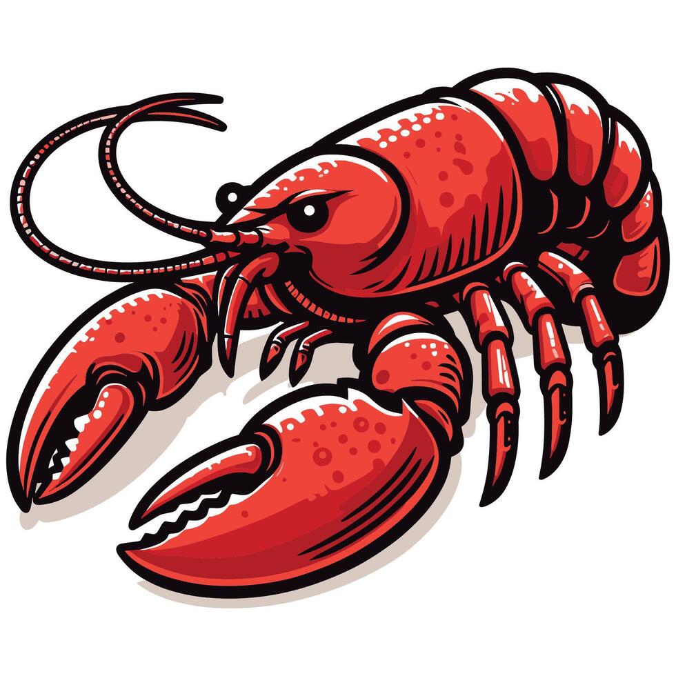 Cartoon Illustration of a Red Lobster with Prominent Claws and Long Antennae on White Background vector