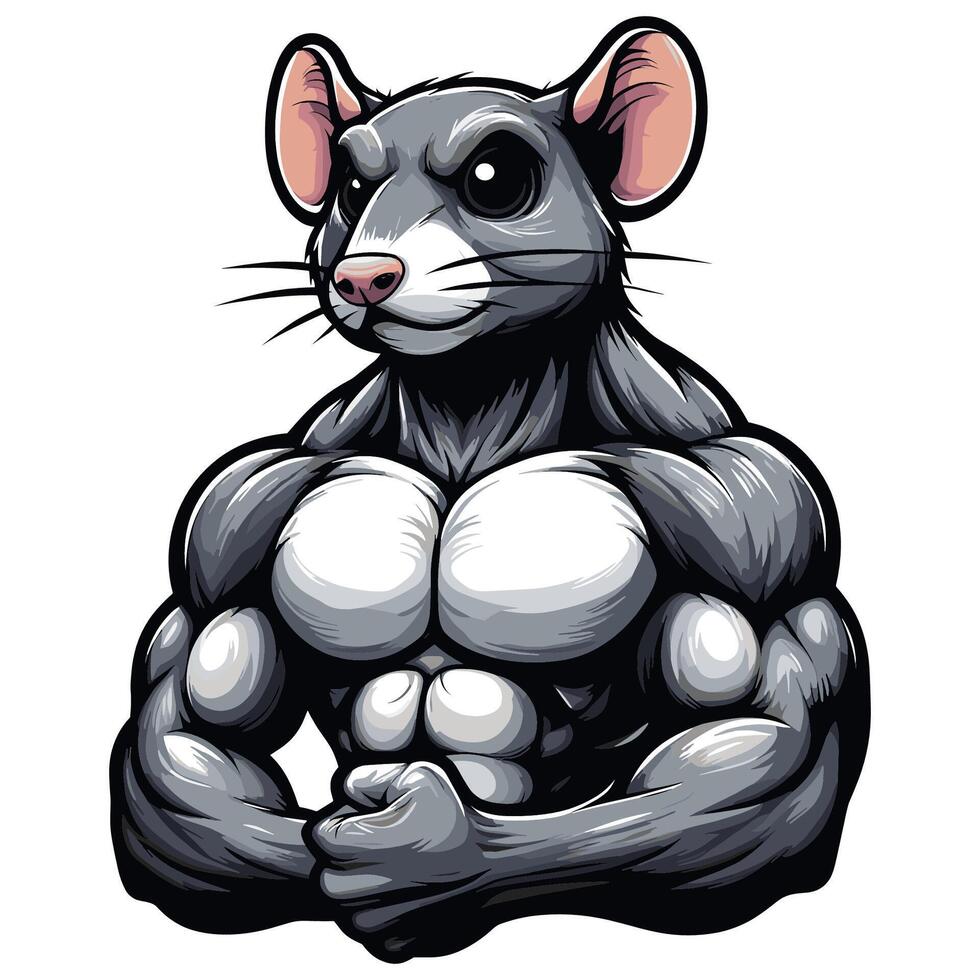 Cartoon Illustration of a Strong Muscular Rat with Defined Biceps and Tough Expression vector