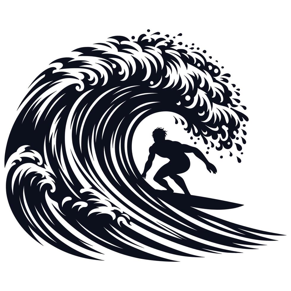 Dynamic Silhouette of a Surfer Riding a Giant Ocean Wave vector