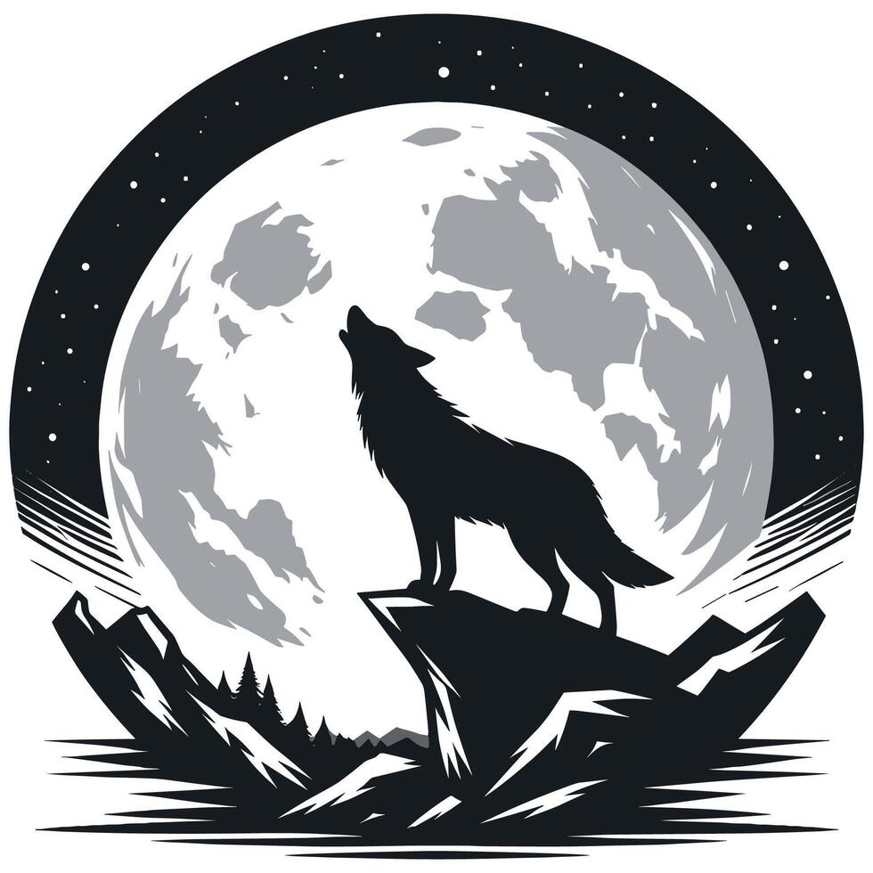 Majestic Wolf Howling on Cliff with a Glowing Full Moon Background vector