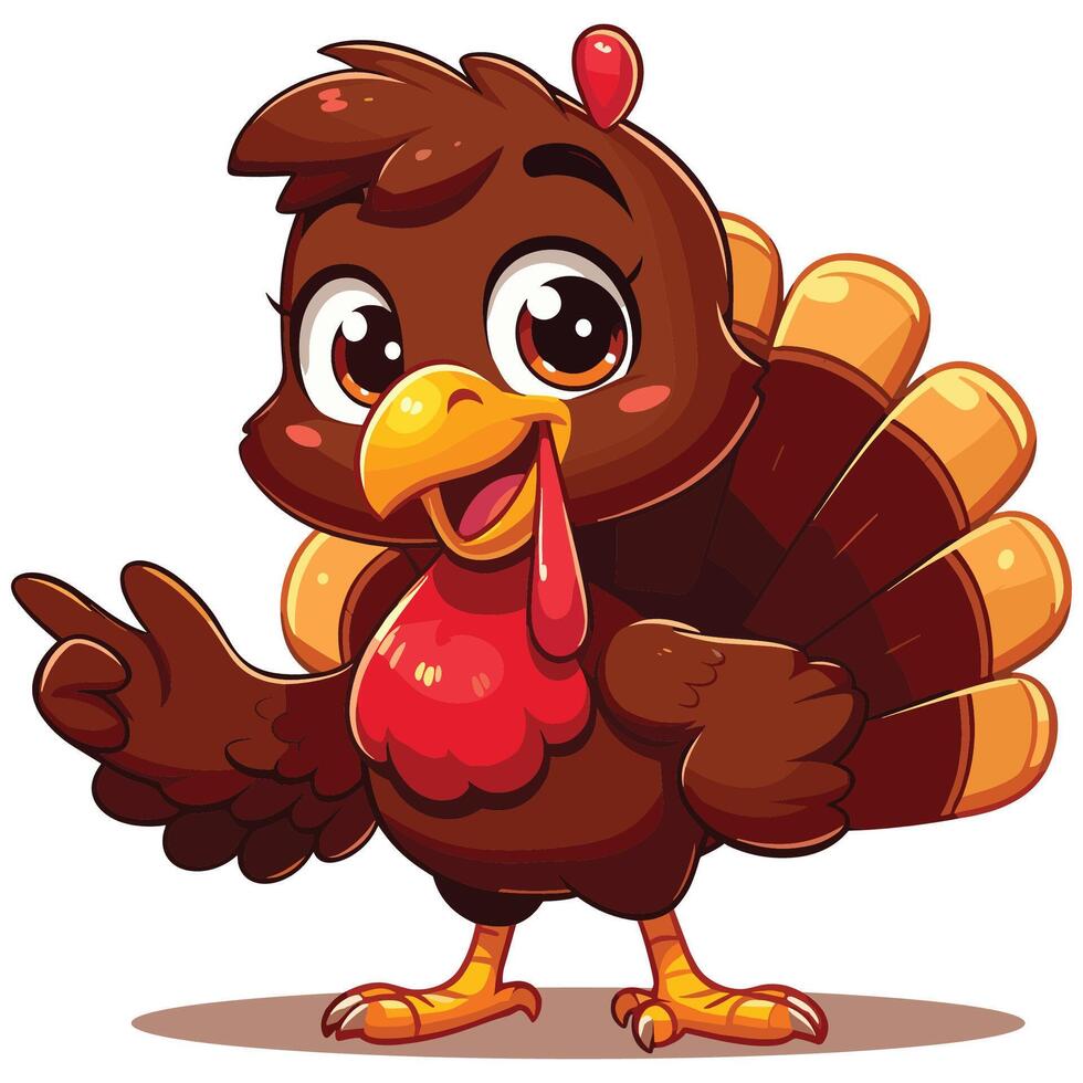 Adorable Cartoon Turkey Character Smiling and Pointing in a Friendly Pose vector