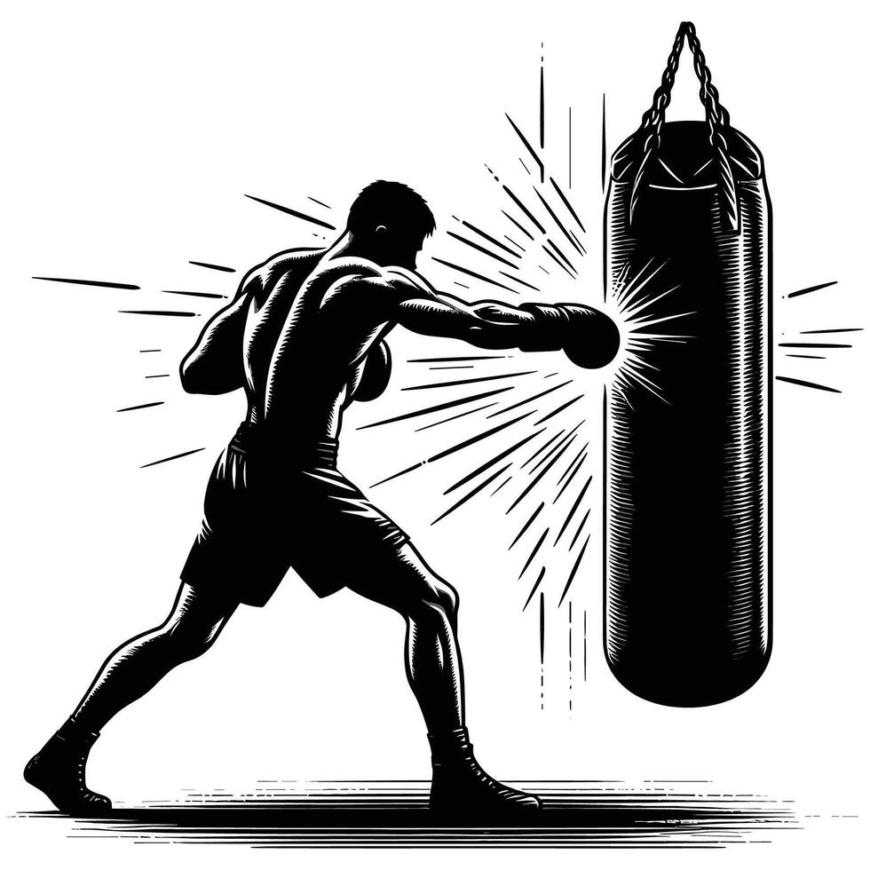 Intense Boxing Training with a Punching Bag Black and White Silhouette vector