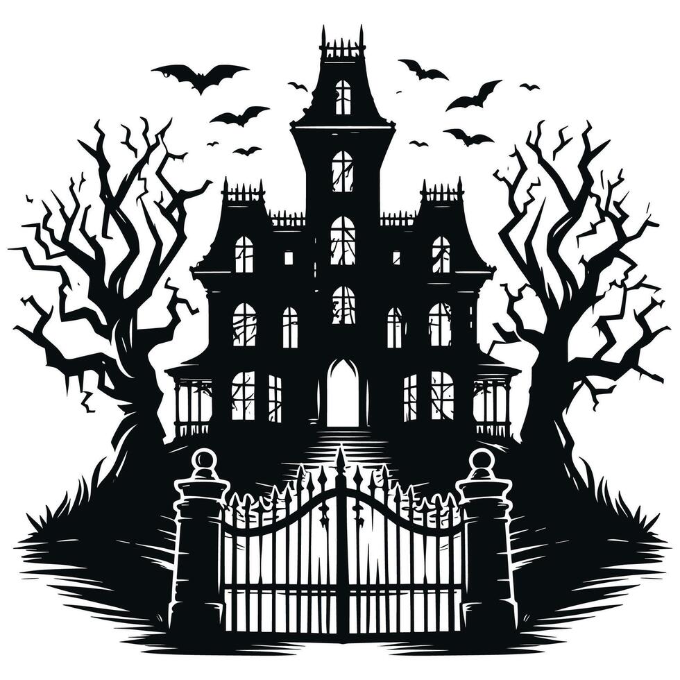 Spooky Haunted Mansion Silhouette with Bats and Bare Trees at Night vector