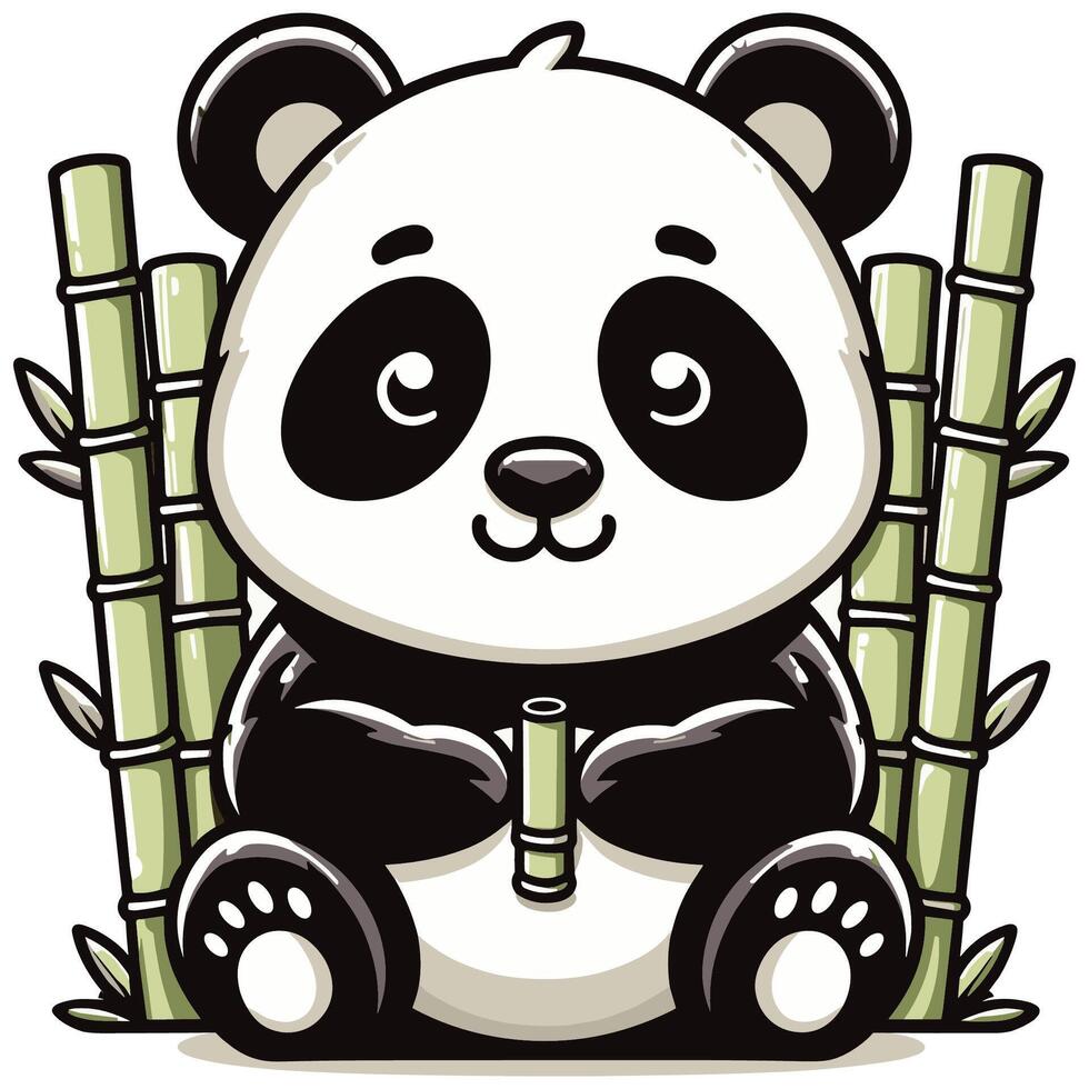 Cute Cartoon Panda Sitting with Bamboo Stalks, Adorable Wildlife Illustration for Kids vector