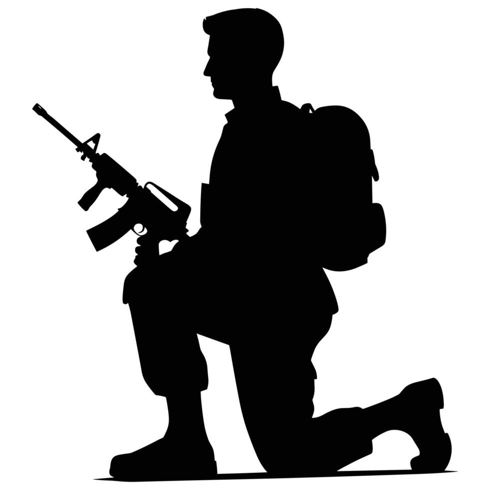 Armed Soldier Silhouette Illustration Kneeling with Backpack and Weapon vector