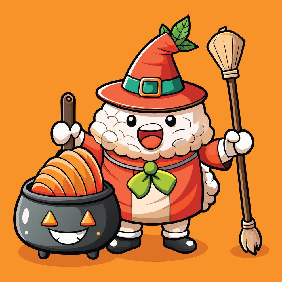 Bewitching Salmon Sushi Witch with Broomstick and Pumpkin Jack o Lantern vector
