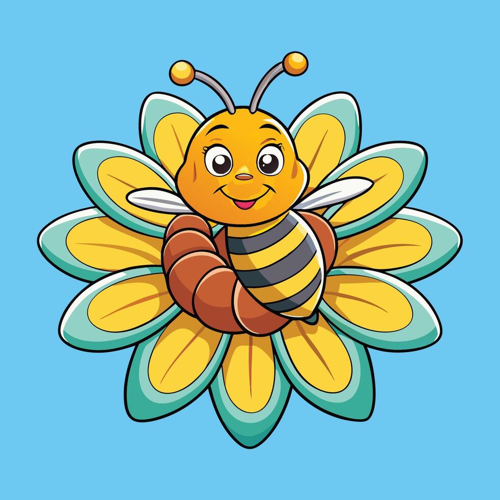 Adorable Cartoon Honeybee Resting on a Blooming Flower vector