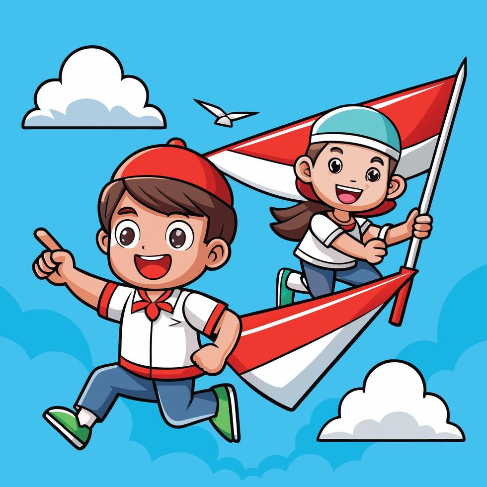 Joyous Indonesian Children Soaring with Paper Airplane Dreams vector