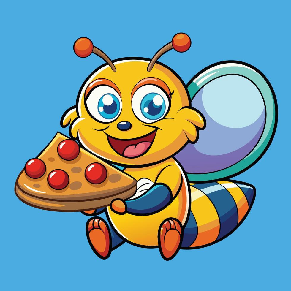 Adorable Honeybee Enjoying a Delectable Pizza Slice in Cartoon Form vector