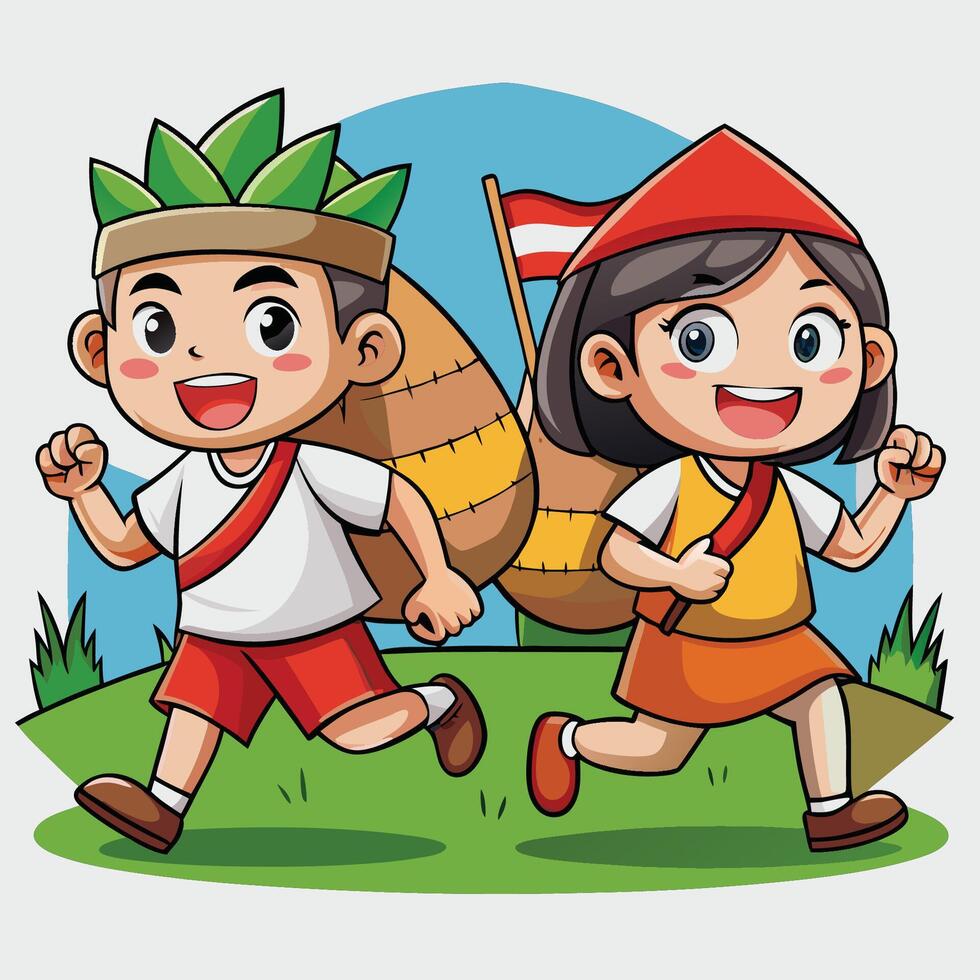 Indonesian Children Race Happily in Sack During Independence Day Celebration vector