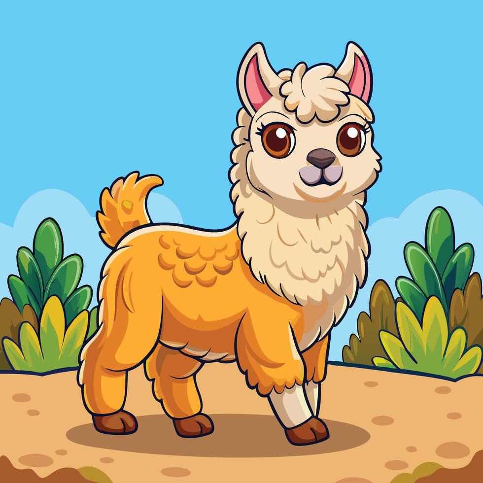 Adorable Cartoon Illustration of a Cute Llama or Alpaca Walking vector