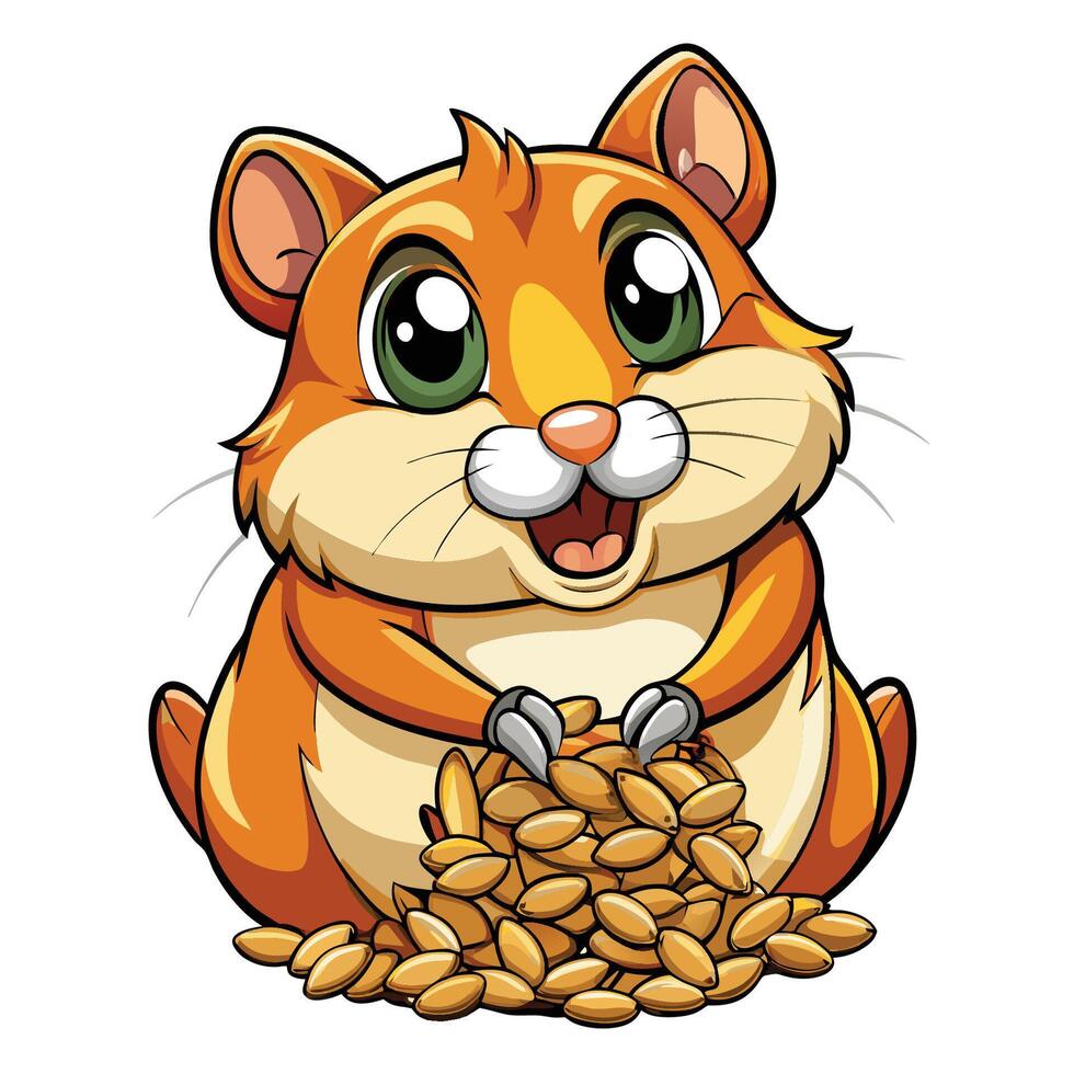 Adorable Hamster with Mouthful of Sunflower Seeds in Cartoon Style vector
