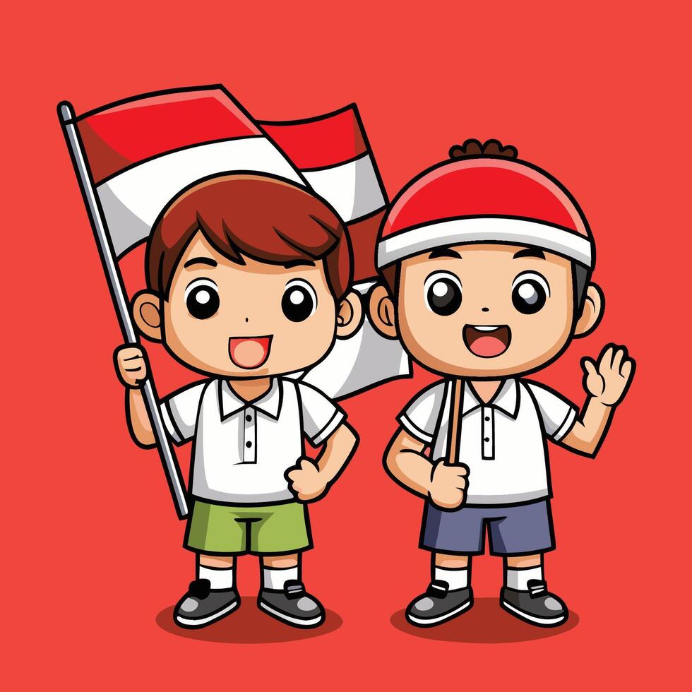 Adorable Young Children Waving and Holding the Indonesian Flag with Pride vector