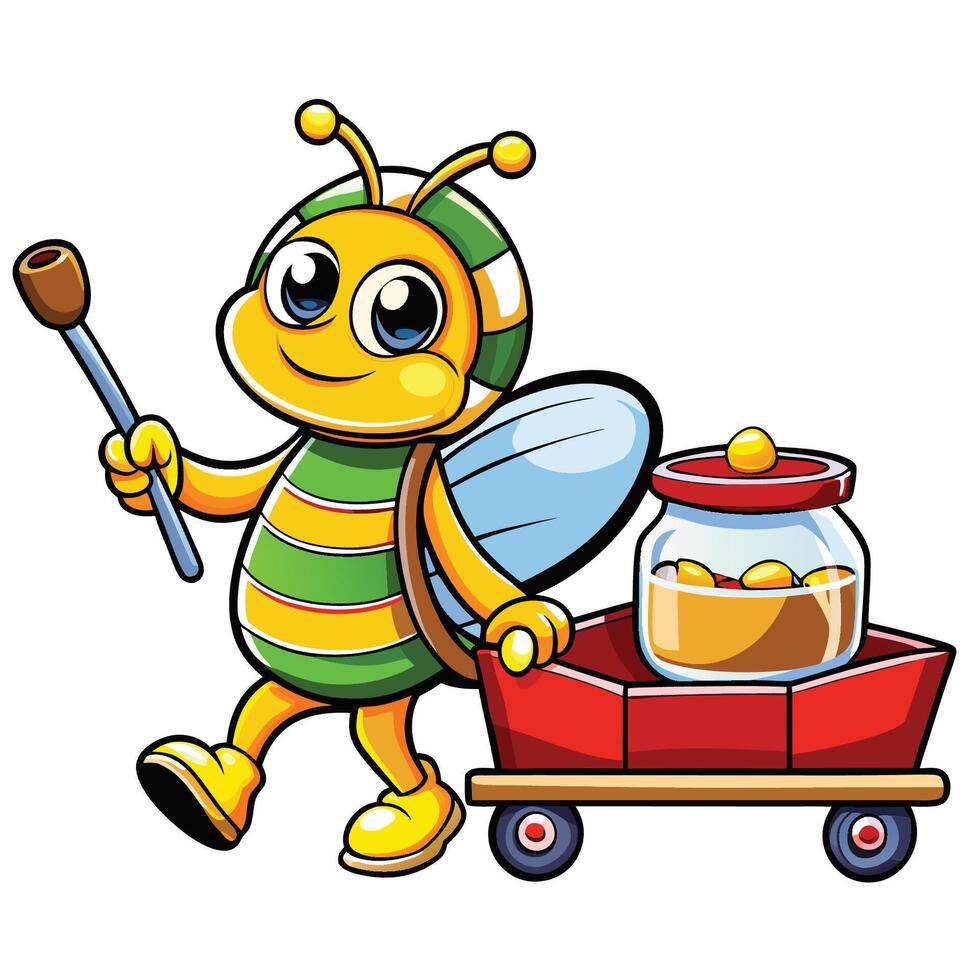 Cute Honeybee Hauling Honey Jam with a Trolley in Cartoon Style vector