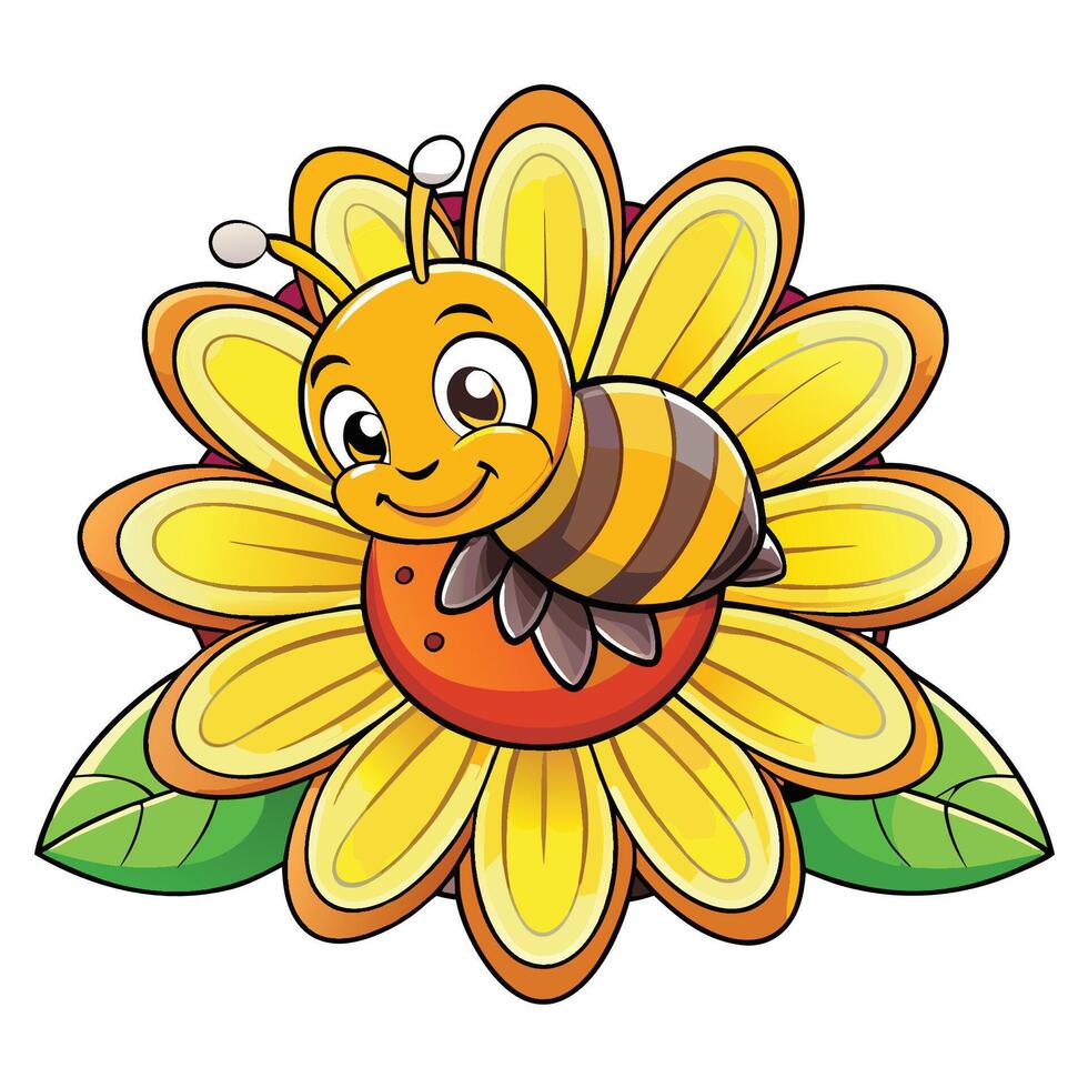 Adorable Honeybee Resting on a Vibrant Flower in Cartoon Style vector