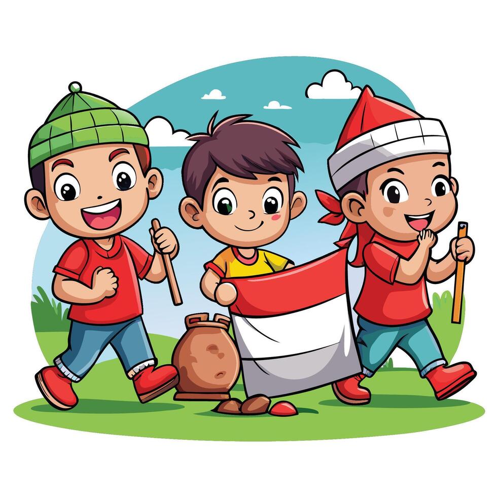Joyful Sack Race Kids Embracing Indonesian Independence Day Spirit vector