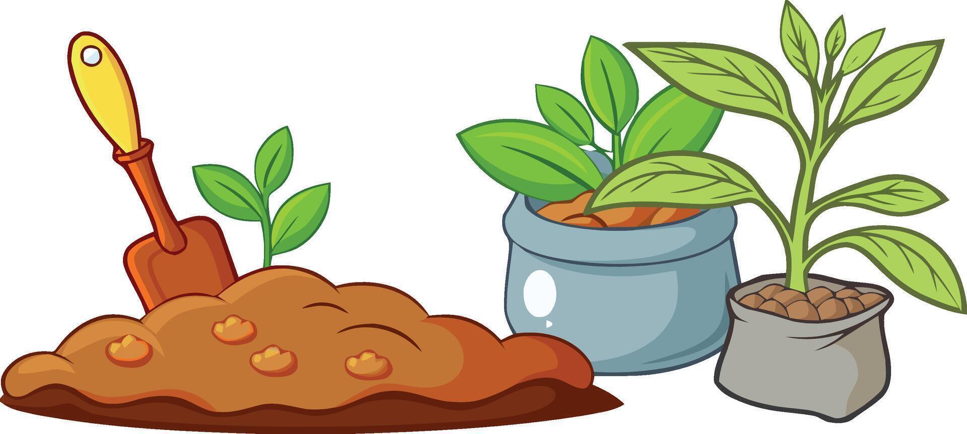 Planting seedling and repotting plant in cartoon style vector